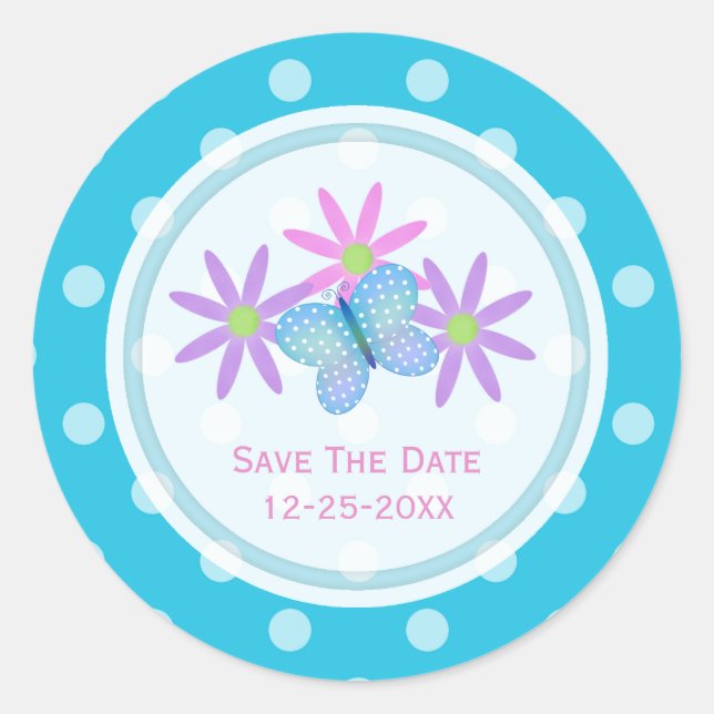 Blue Butterfly and Daisy Save The Date Stickers (Front)