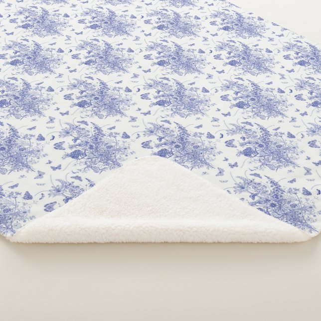 Blue Butterfly and Delphinium Toile Sherpa Blanket (3/4)