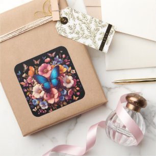 Blue butterfly and flowers pattern square sticker