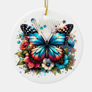 Blue Butterfly and Flowers Personalized Christmas Ceramic Ornament