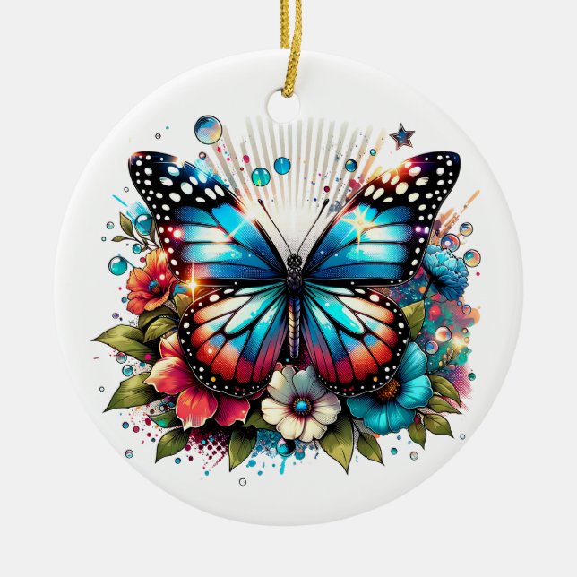 Blue Butterfly and Flowers Personalized Christmas Ceramic Ornament (Front)