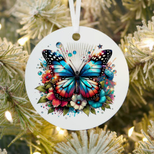 Blue Butterfly and Flowers Personalized Christmas Metal Ornament