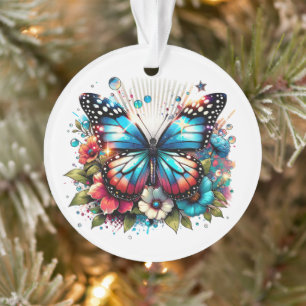 Blue Butterfly and Flowers Personalized Christmas Ornament