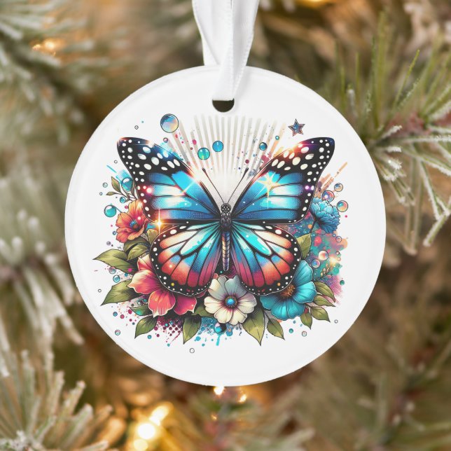 Blue Butterfly and Flowers  Personalized Christmas Ornament (Tree)