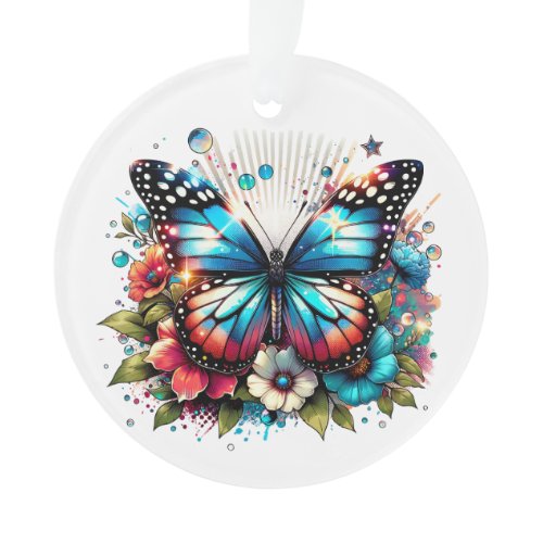 Blue Butterfly and Flowers Personalized Christmas Ornament