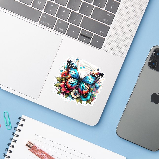 Blue Butterfly and Flowers   Sticker (Laptop w/ iPhone)