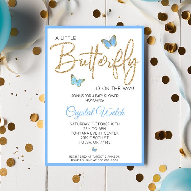 Blue Butterfly and Glitter Baby Shower Invitation (Creator Uploaded)