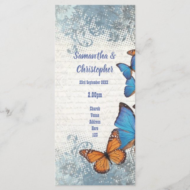 Blue butterfly and lace church wedding program (Front)