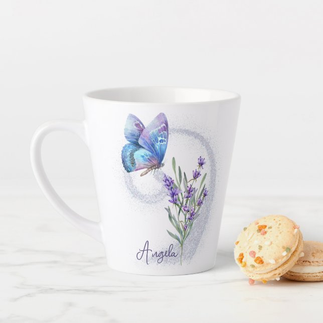Blue Butterfly and Lavender Personalized Latte Mug (In Situ)