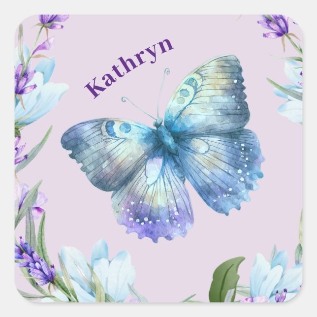 Blue Butterfly and Lavender Personalized Square Sticker (Front)