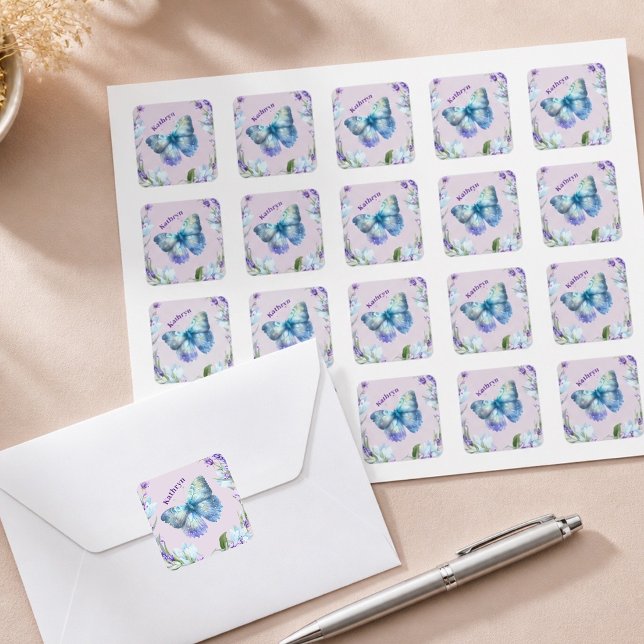Blue Butterfly and Lavender Personalized Square Sticker (Creator Uploaded)