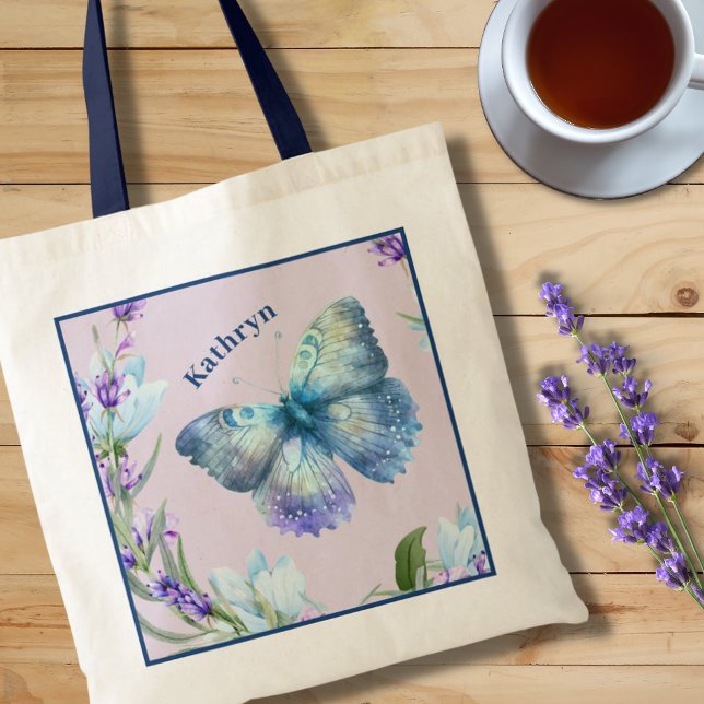 Blue Butterfly and Lavender Personalized Tote Bag (Creator Uploaded)