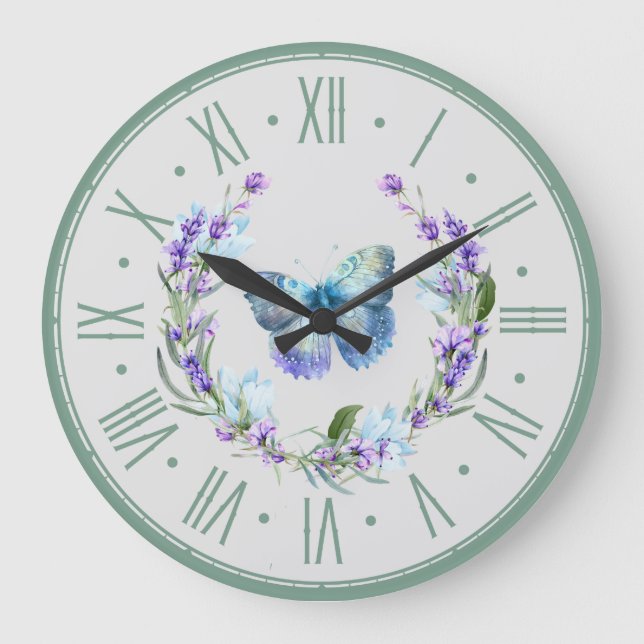 Blue Butterfly and Lavender Wall Clock (Front)