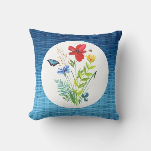 Blue Butterfly and Painted Flowers Throw Pillow