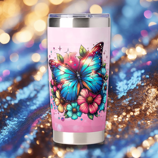 Blue Butterfly and Pink Flowers Personalized Insulated Tumbler (Creator Uploaded)