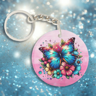 Blue Butterfly and Pink Flowers Personalized Keychain