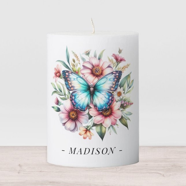 Blue Butterfly and Pink Flowers Personalized Name Pillar Candle (Creator Uploaded)
