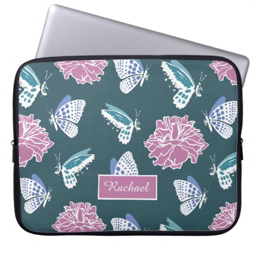 Blue Butterfly and Pink Rose Pattern Personalised Laptop Sleeve