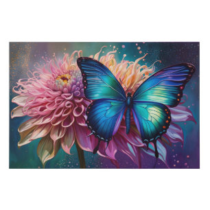 Blue butterfly and the Dahlia Faux Canvas Print