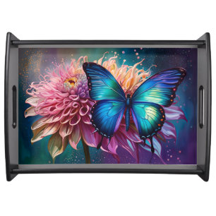  Blue butterfly and the Dahlia Serving Tray