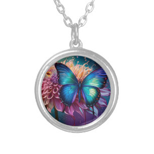  Blue butterfly and the Dahlia Silver Plated Necklace