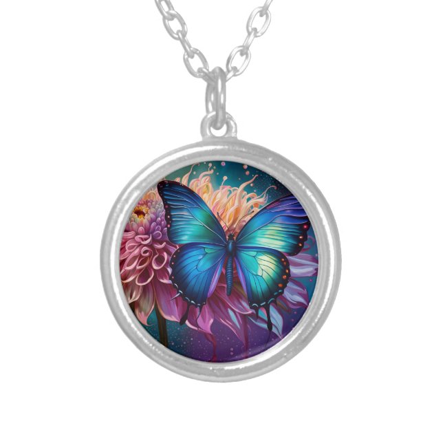  Blue butterfly and the Dahlia Silver Plated Necklace (Front)