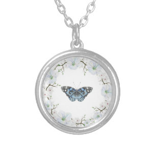 Blue Butterfly & Apple Blossoms Necklace