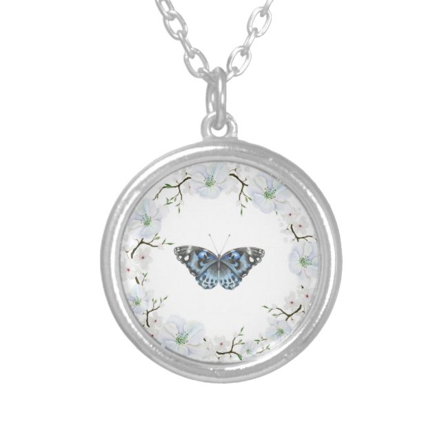 Blue Butterfly & Apple Blossoms Necklace (Front)