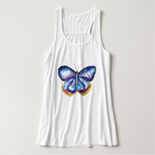 Blue Butterfly Art Flowy Racerback Tank Top, White