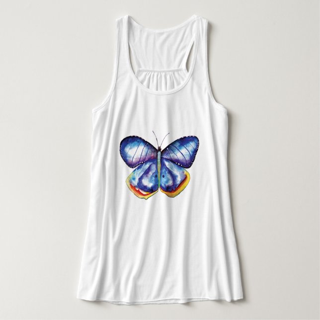 Blue Butterfly Art Flowy Racerback Tank Top, White (Design Front)