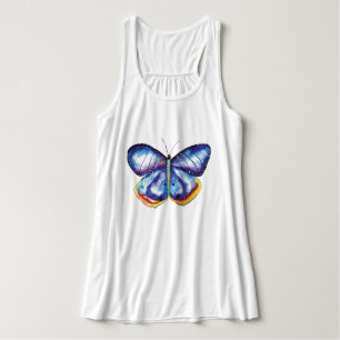 Blue Butterfly Art Flowy Racerback Tank Top, White Top