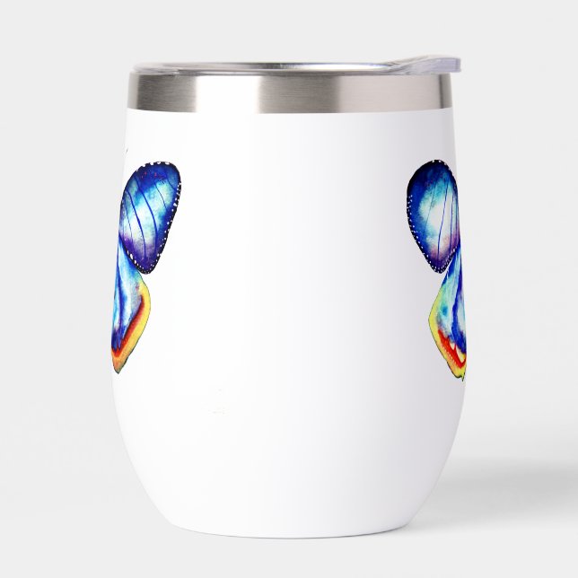 Blue Butterfly Art  Frosted Glass Mug Thermal Wine Tumbler (Left)