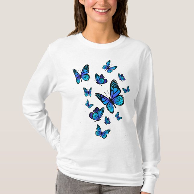 Blue Butterfly Art Garden Beautiful Butterflies T-Shirt (Front)