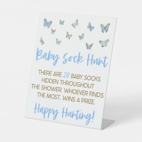 Blue Butterfly Baby Sock Hunt Baby Shower Game Pedestal Sign