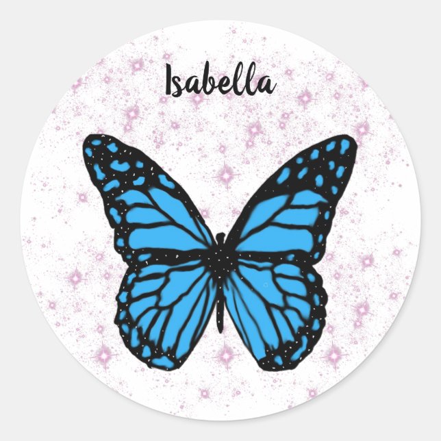 blue butterfly background classic round sticker (Front)