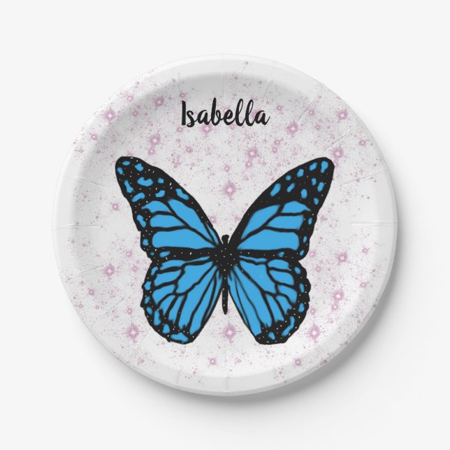 blue butterfly background paper plates (Front)