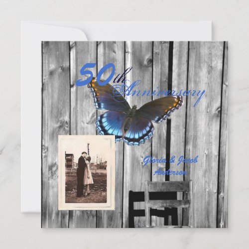 blue butterfly Barn Wood 50th wedding anniversary Invitation