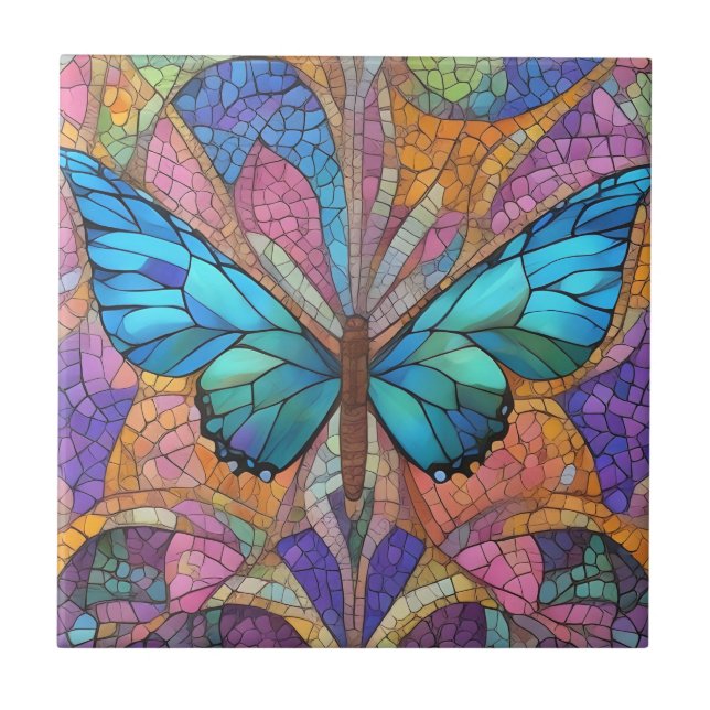 Blue Butterfly Beautiful Mosaic Ceramic Tile (Front)