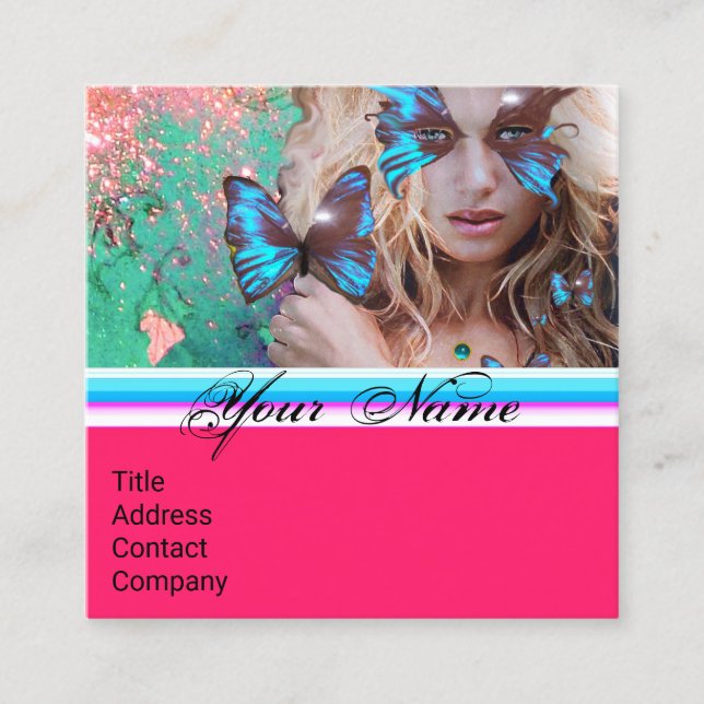 BLUE BUTTERFLY BEAUTY MAKEUP ARTIST Hot Pink Green Square Business Card (Front)