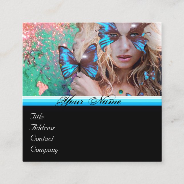 BLUE BUTTERFLY BEAUTY MAKEUP ARTIST monogram green Square Business Card (Front)