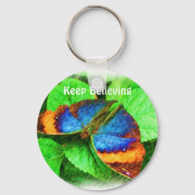 Blue Butterfly Believe Inspirational Keychain (Front)