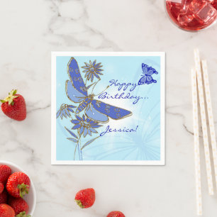 Blue Butterfly Birthday Paper Napkins