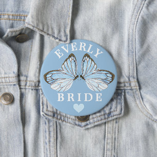 Blue Butterfly Bliss Brides Badge with Cute Heart Button