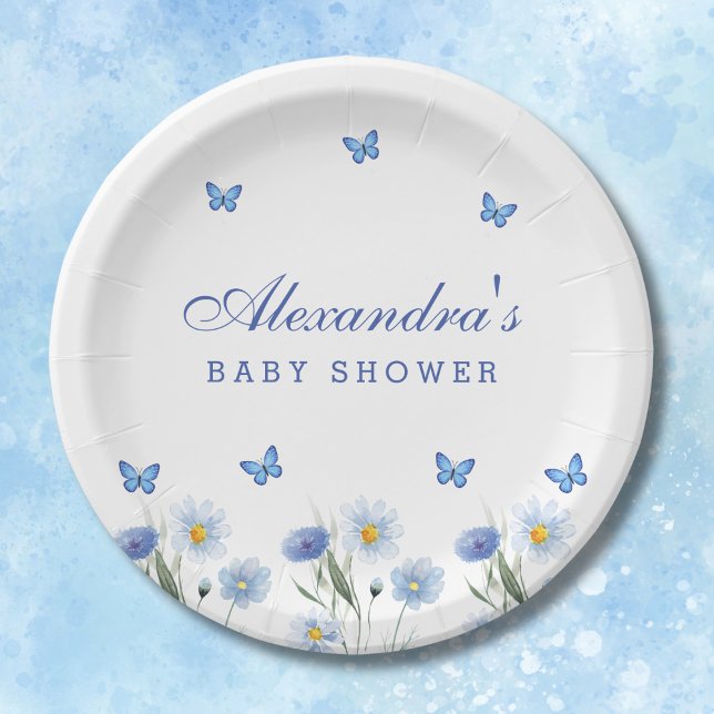 Blue Butterfly Boho Wildflower Baby Shower Paper Plates (Creator Uploaded)