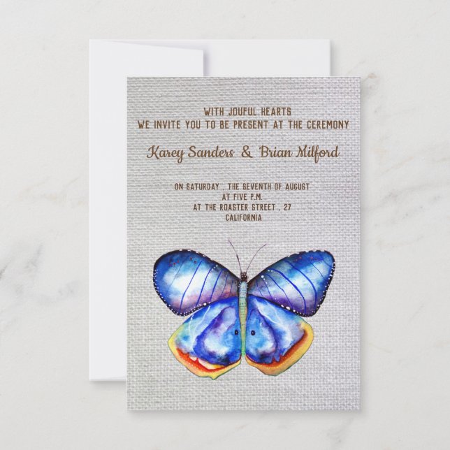 Blue Butterfly Canvas Wedding Invitation (Back)