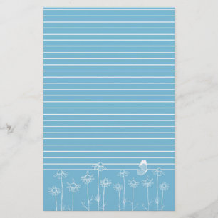 Blue Butterfly Chamomile Flowers White Lined Stationery