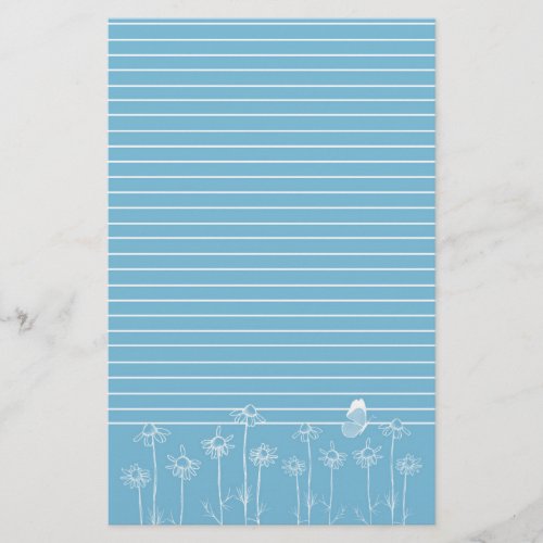 Blue Butterfly Chamomile Flowers White Lined Stationery