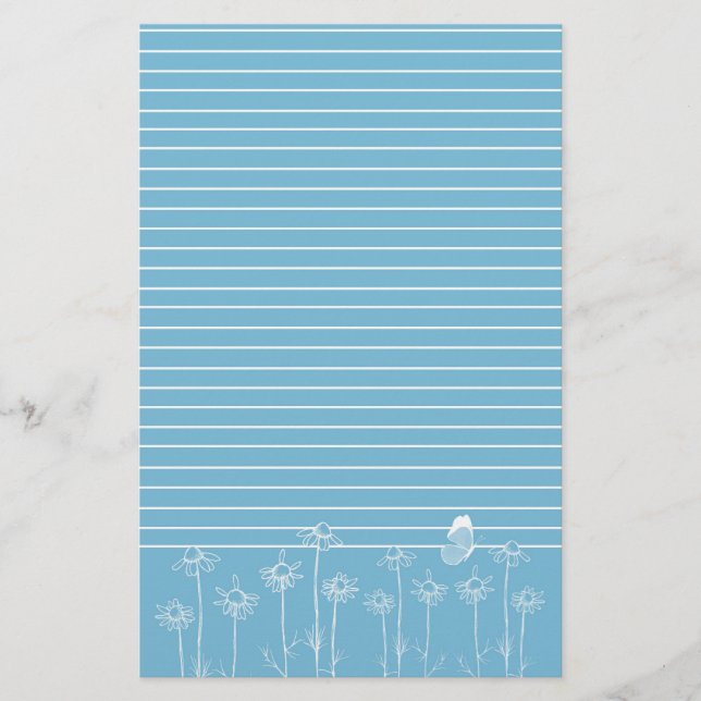 Blue Butterfly Chamomile Flowers White Lined Stationery (Front)