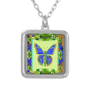 BLUE BUTTERFLY & CHARTREUSE PERIDOT BIRTHSTONE GEM SILVER PLATED NECKLACE