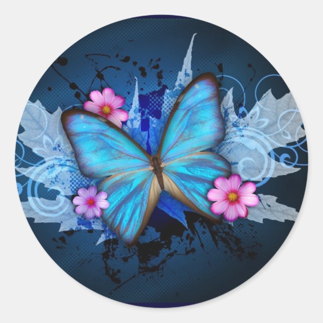Blue Butterfly Classic Round Sticker (Front)